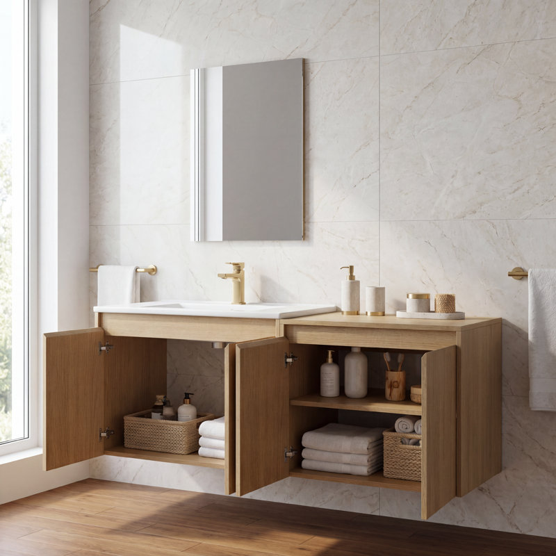 Meuble-lavabo flottant simple 48 po avec lavabo en céramique et conception sans poignée, Frêne, 48"