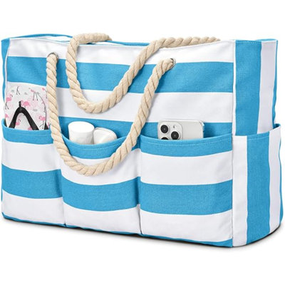 Beach Bags For Women Canvas Large Beach Tote Bag Zipper Waterproof Sandproof Foldable Swim Pool Bag With 7 Pockets