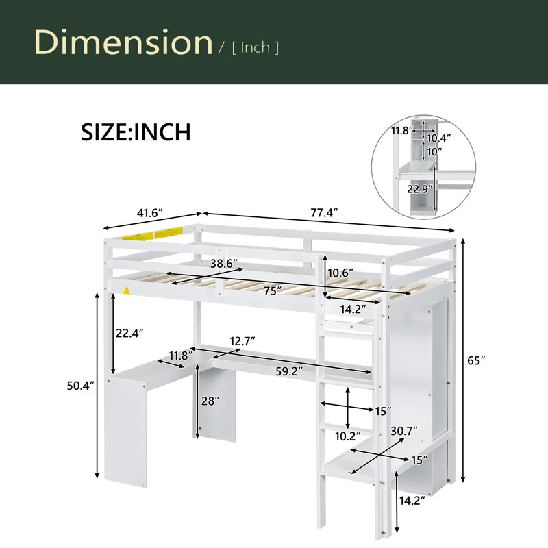 Lit mezzanine avec bureau en L, garde-robe et tablettes de rangement, Lit simple, Blanc