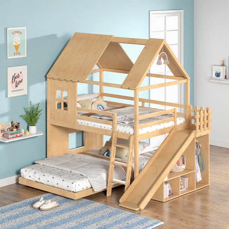 Lit superposé House avec glissoire, échelle, tablettes de rangement et garde-robe, Natural
