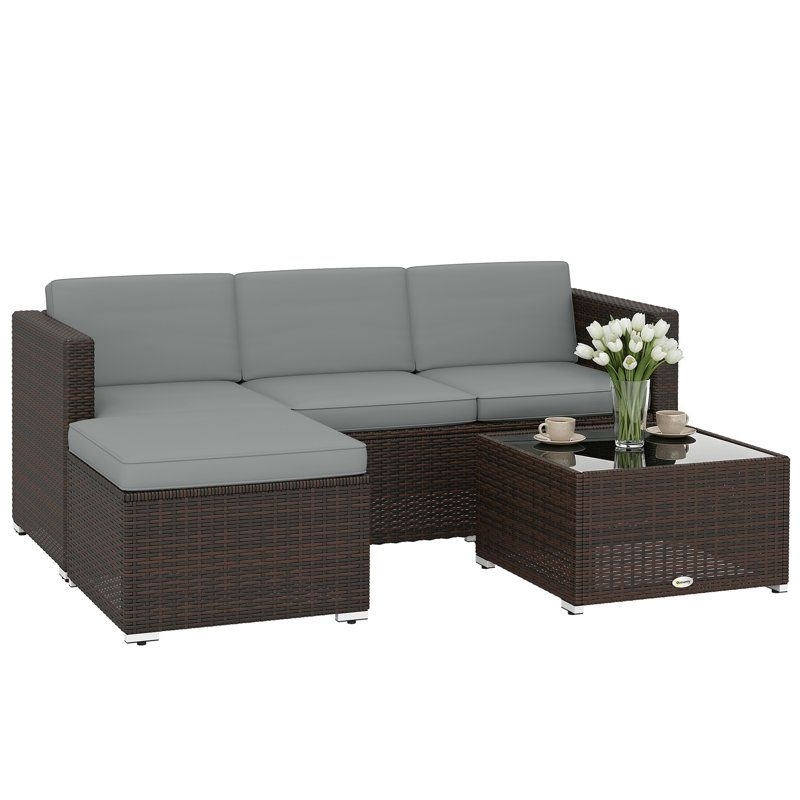 Outsunny 3 Piece Rattan Garden Furniture Set, Garden Corner Sofa, Brown