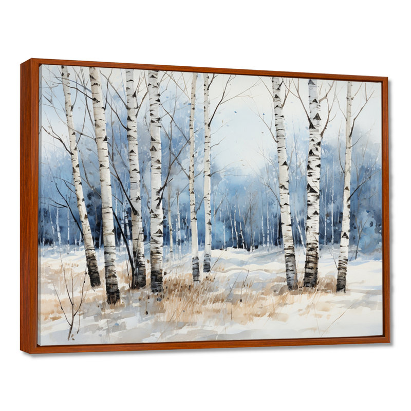 White And Blue Birch Wood In Winter On Canvas Print, 34" H x 44" W, Brown Floater Framed