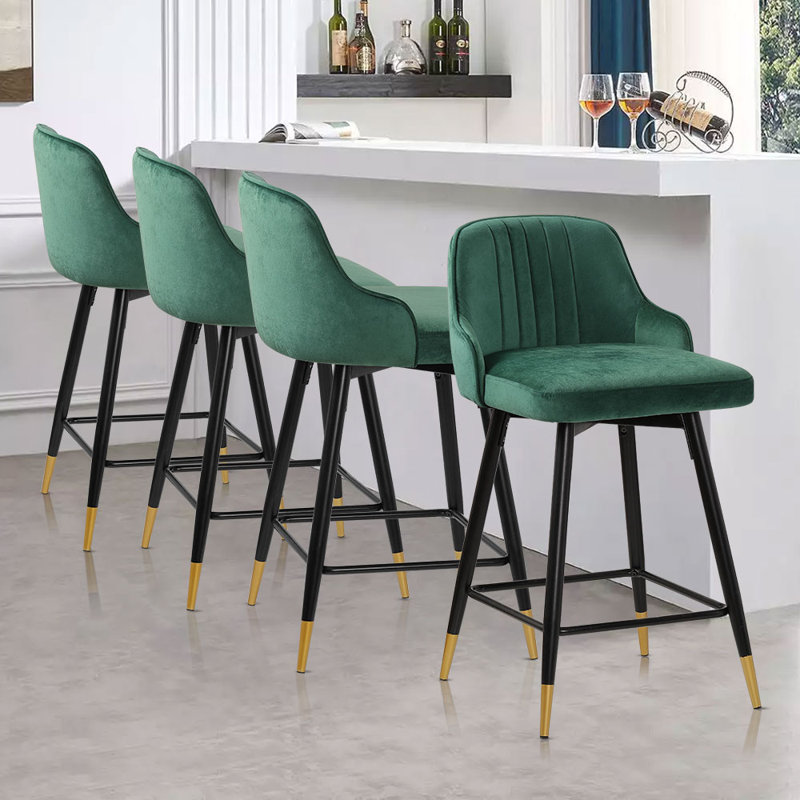 Tabouret de bar et de comptoir pivotant rembourré de 26 po / 29 po avec structure en métal solide et dossier en velours, Vert