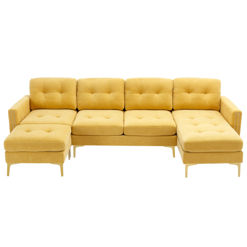 110" L-Shape Convertible Sectional Sofa Couch With Movable Ottoman For Living Room, Yellow Velvet