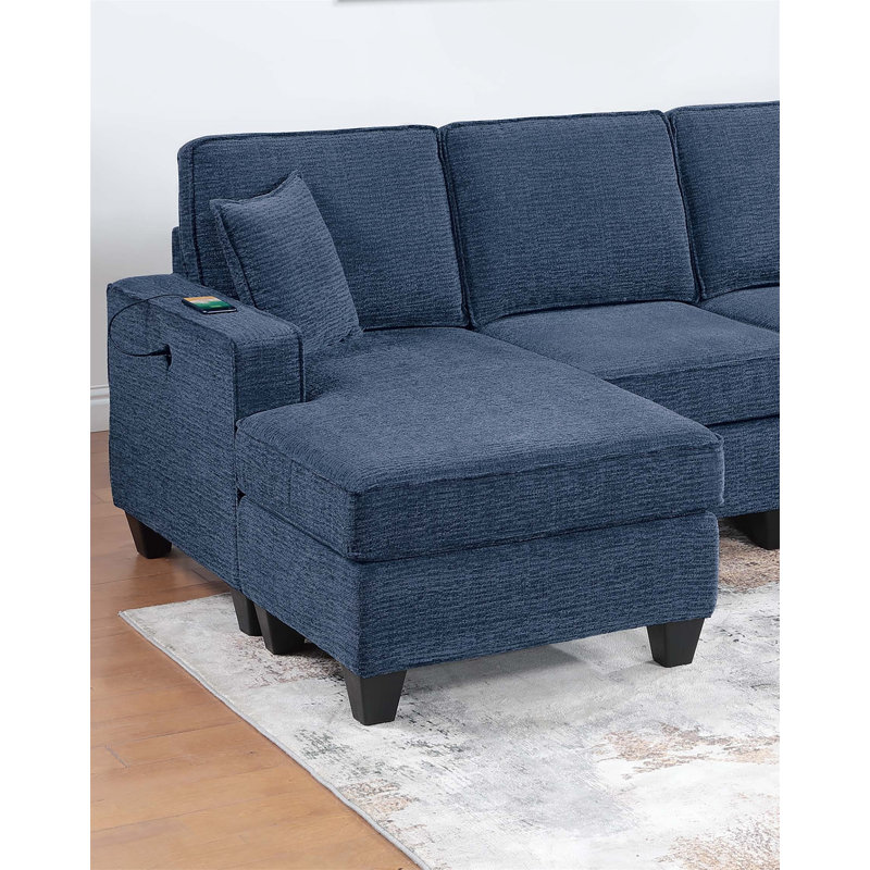 3Pc Sectional Set Dark Blue Finish Right Arm And Left Arm Chaise USB Port Armless Loveseat Plastic Legs Matching Two Pillows Primary Living Room