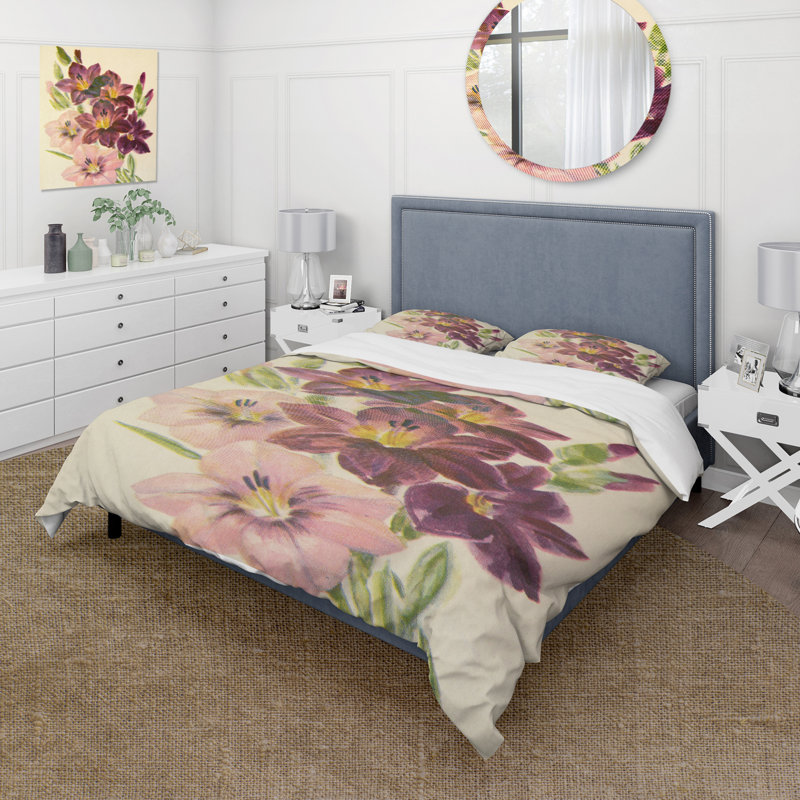 Ensemble de housse de couette traditionnel - Glaïeul rose clair et rose rétro - Microfibre de polyester