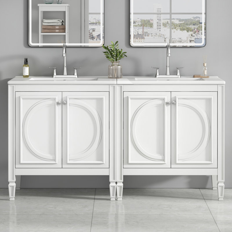 Ensemble de meuble-lavabo double 60 po - Céramique et panneau de fibres à densité moyenne, Argent argent, Blanc