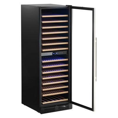 Cave à vin de 61 cm (24 pouces), capacité de 160 bouteilles, double zone de conservation, idéale pour un bar à domicile. Encastrable ou installation libre. Refroidissement par compresseur. Porte verrouillable. Température réglable de 4 à 18 °C (40 à 65 °F). Porte vitrée. Éclairage LED.