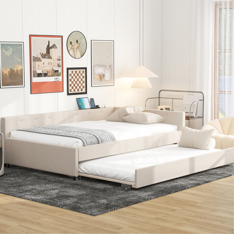 Élégant lit plateforme tapissier beige avec lit gigogne en bois, sans sommier pour lit double pleine grandeur, Lit double