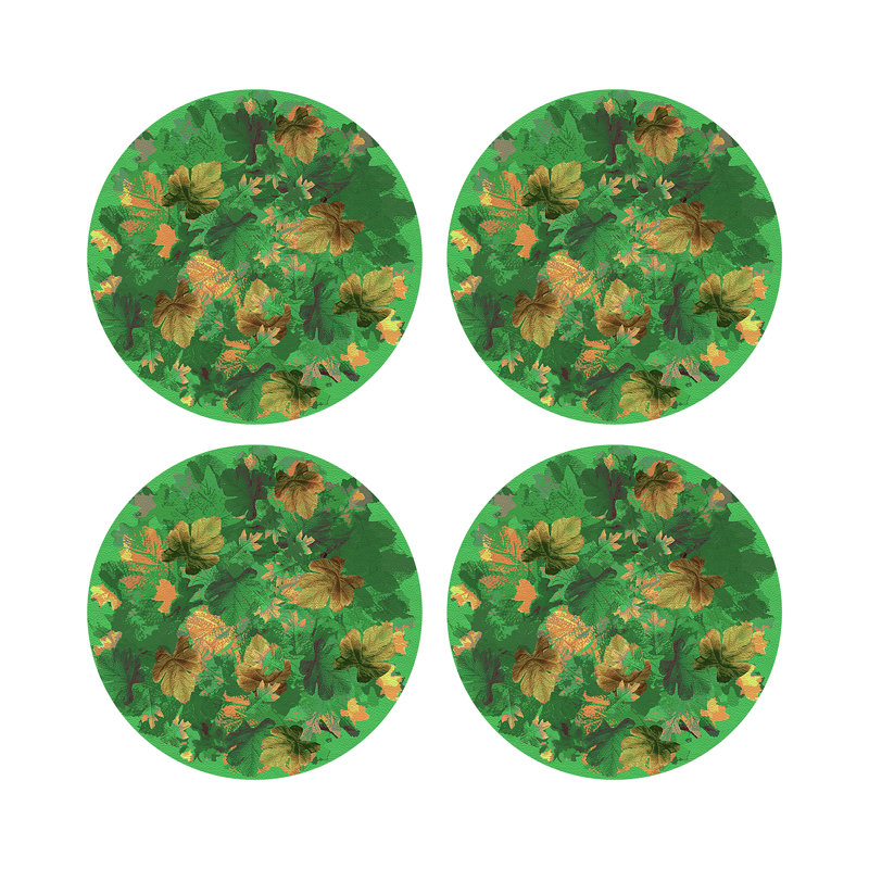 Fallen Leaves Vegan Leather Round Pebble Placemat, Green