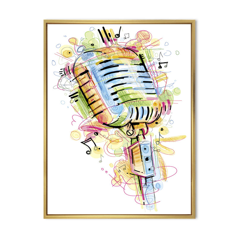 Microphone musical, dessin abstrait - peinture, H 20 po x l 12 po x P 1 po, Cadre flottant doré