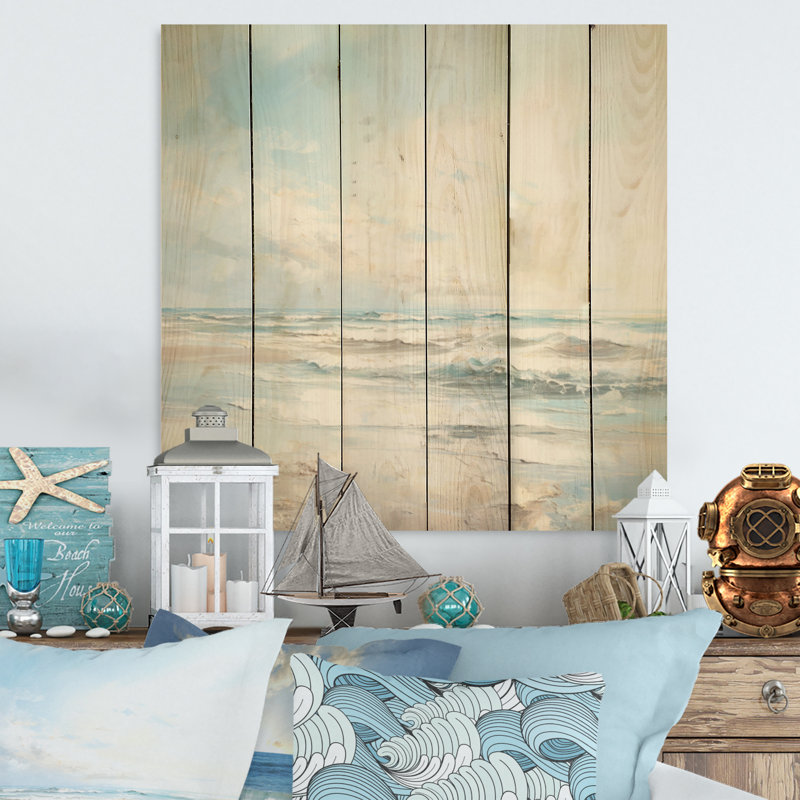 «Coastal Waves Charm in Winter» - art mural en bois côtier sur bois de pin naturel, H 36 po x l 36 po