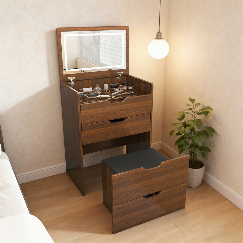 Meuble-lavabo 3 en 1 avec miroir éclairé et tabouret, coiffeuse à plateau rabattable, rangement compact pour la chambre à coucher, la salle de bain et le vestiaire
