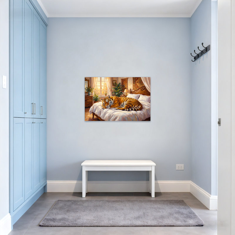 Animals Tiger Resting On Bed In Sunlit Room, 16" H x 24" W