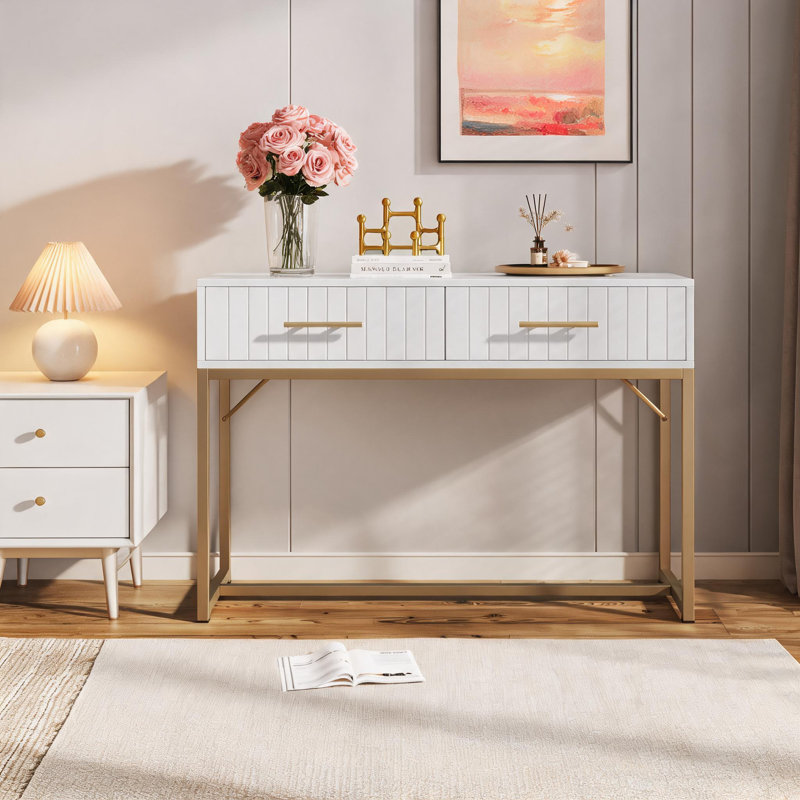 White 2-Drawer Storage Chest, Modern Accent Cabinet Sideboard with Gold Handles & Metal Legs, Bedroom Living Room Console Unit, 76.5x100x45cm Particle Board Organiser