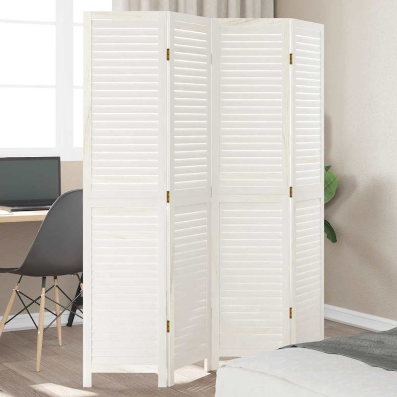 Paravent en bois massif 4 panneaux Paulownia, H 70,9 po x l 57,1 po x P 0,63 po, Blanc