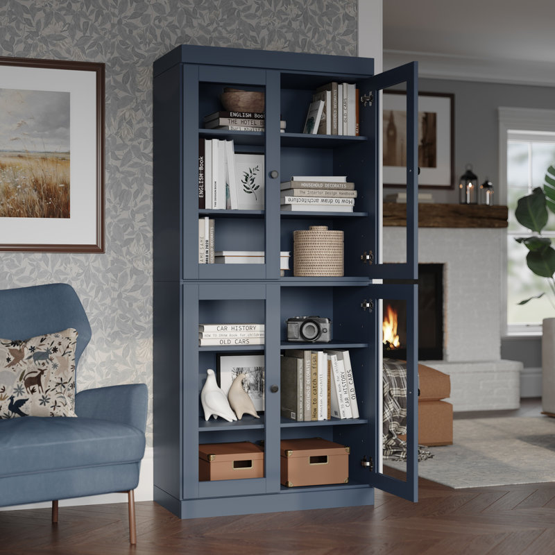 Veera Palace Imports 100% Solid Wood 6-Shelf Bookcase, Clear Glass Doors, Adjustable Shelves, 32" Wide, 71.5" Tall
