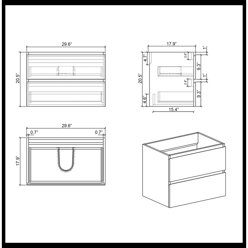 Base de meuble-lavabo Saha seulement, H 20,5 po x l 29,7 po x P 17,9 po, Gris