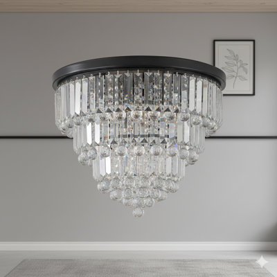 Plafonnier encastré en cristal de luxe de 20 pouces avec finition noire, élégant lustre à 6 lumières pour le salon, la salle à manger et la chambre à coucher (ampoules non incluses)