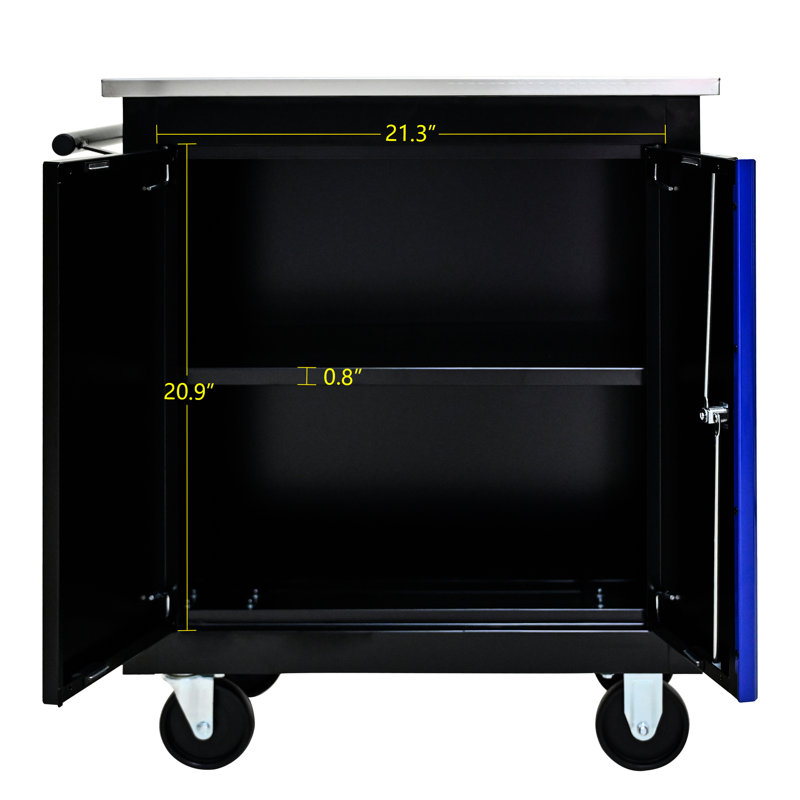 Chariot à outils à double porte avec comptoir en acier inoxydable et 2 freins noir + armoire bleue 4 25,88 pouces de hauteur