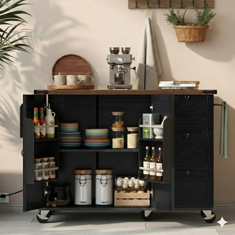Îlot de cuisine de 54,5 pouces avec prise de courant intégrée, compartiment de rangement interne, rallonge rabattable, support à épices - chariot de cuisine sur roulettes pour la maison, la cuisine et la salle à manger, finition noire