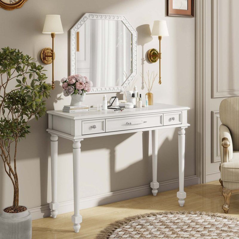 Retro Makeup Desk With Large Mirror, 3-Drawer Dressing Table For Jewelry Storage, Elegant Console Table For Bedroom, Living Room, Hallway & Foyer