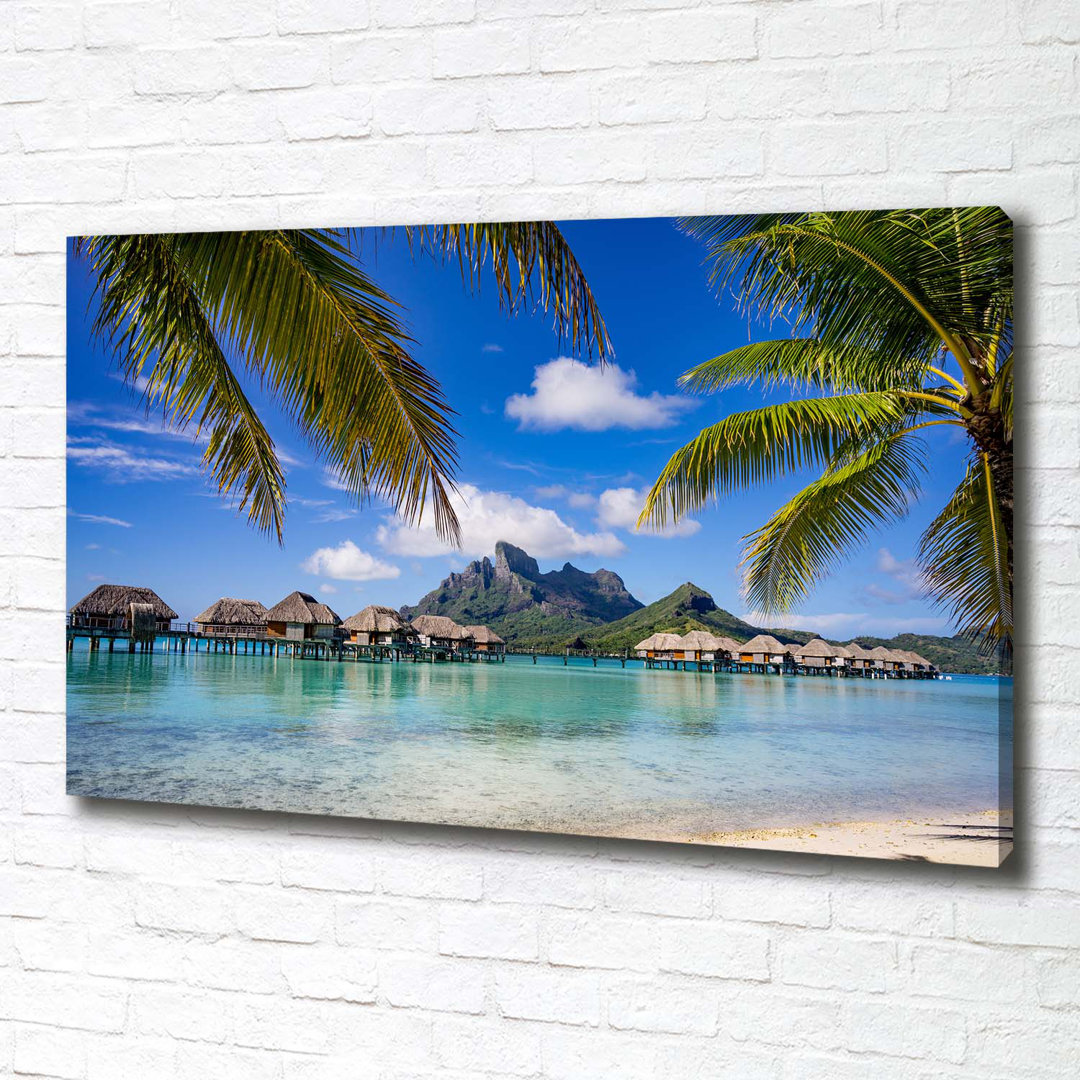 Leinwanddruck - Wandkunst - Drucke auf Leinwand - 100X70 Bildmotiv: Palmen auf Leinwand Bora Bora