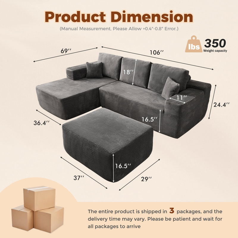 Canapé modulaire en velours côtelé avec repose-pieds 3 pièces Boneless Compression, Orienté à gauche (vu de face)