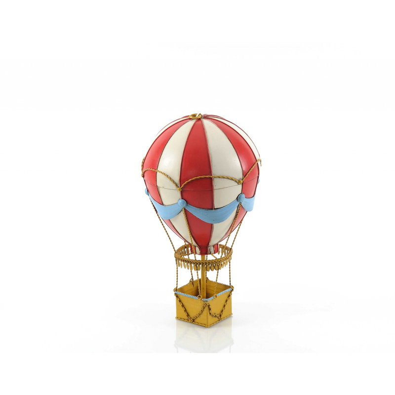 15" Red And White Metal Hand Painted Hot Air Balloon Tabletop Sculpture
