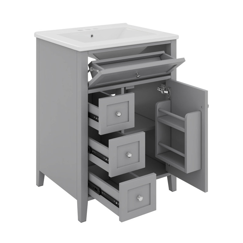 Meuble-lavabo 24 po avec lavabo, tiroirs et armoire avec tablettes réglables, Gris