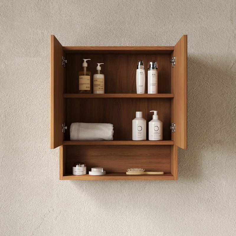 26" Wall-Mounted Bathroom Cabinet with Shelf and Storage Compartment, Brown Oak