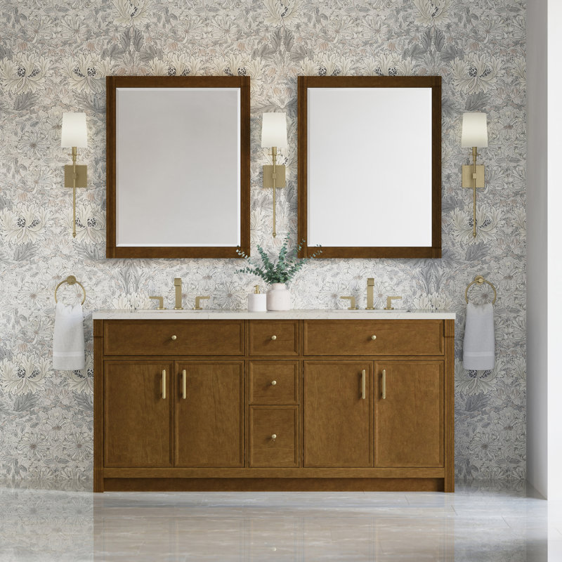 Bellshire 72" W Double Vanity w/FreePower Wireless Charger, Honey Oak, Siberian Silestone