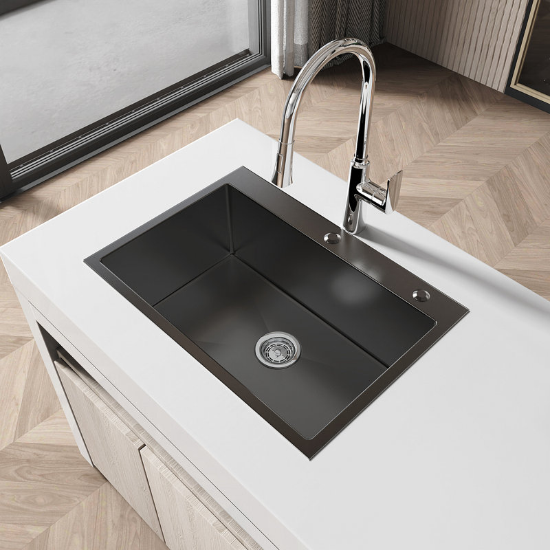 Évier de cuisine en acier inoxydable, lavabo simple sur pied noir de 27 po x 19 po, avec drain et crochet standard américain, LS-SSBL01