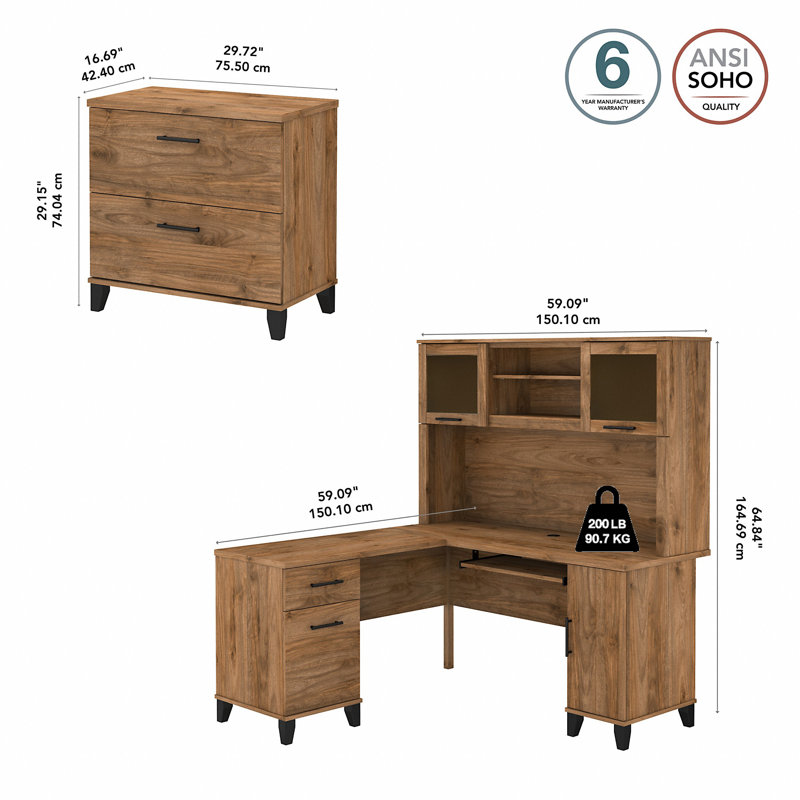 Ensemble de bureau d'ordinateur en L 3 pièces avec rehausse Magomed, Noyer frais