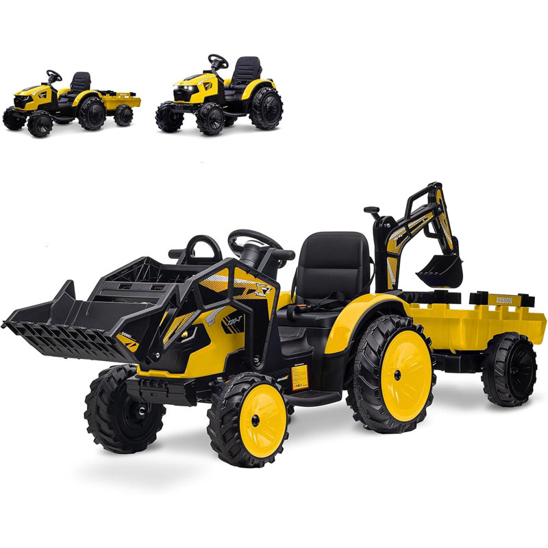 24V Kids Ride On Tractor, Excavator & Bulldozer w / Trailer, Digger, Shovel Bucket, télécommande, lumières DEL, musique