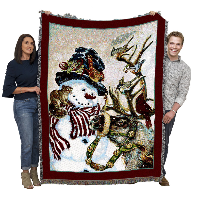 Winter Snowman and Reindeer Cotton Tapestry Throw Blanket