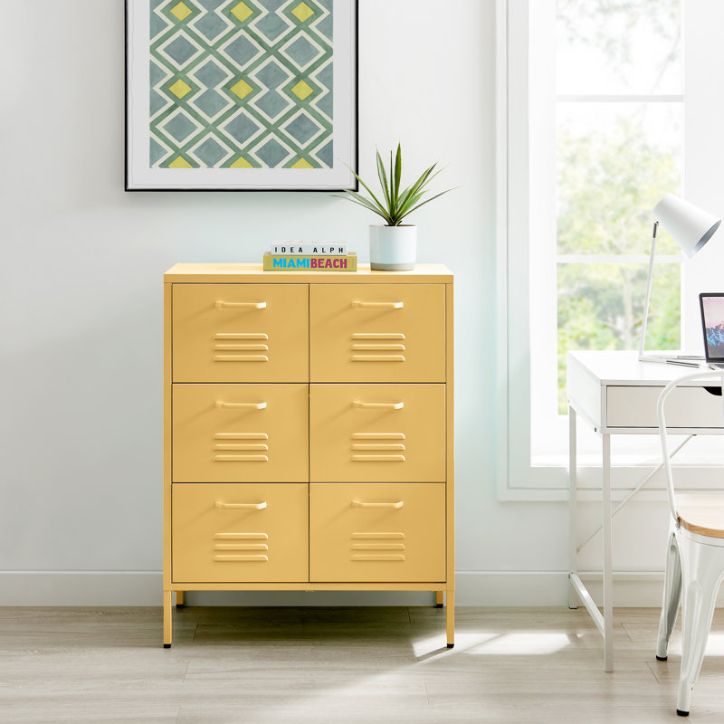 Anouck Metal Six Drawer Locker Style Sideboard - Bold Colour Modern Industrial Style, Yellow