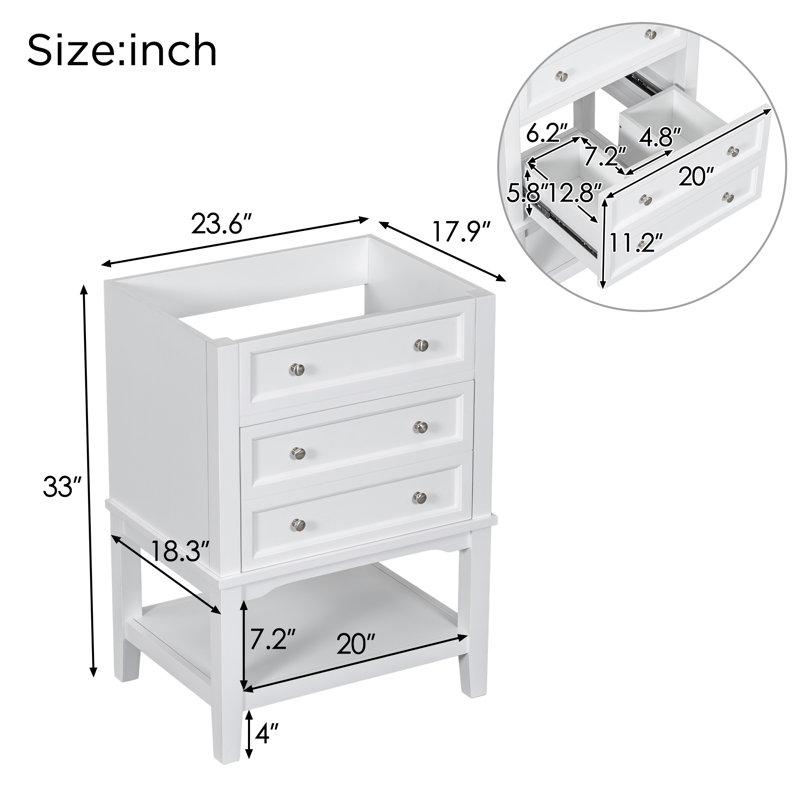 Meuble-lavabo 24 po sans lavabo, base seulement, structure en bois massif, armoire de rangement avec tiroir et tablette ouverte, blanc