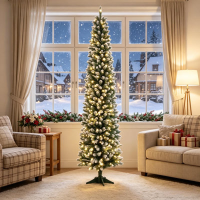 Arbre de Noël artificiel mince givré 7 pi avec 220 lumières DEL blanc chaud et multicolores, 11 modes d'éclairage et télécommande