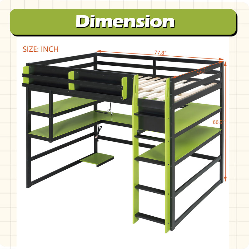 Lit mezzanine double en bois avec bureau, support de rangement latéral, tablettes multiples et lumière RVB, Lit double, Vert