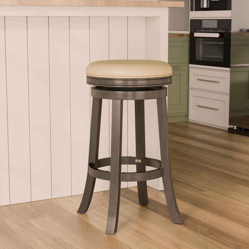 Charming 30-Inch Bar Stool With  And Leather Seat For Stylish Spaces, Gray, Beige