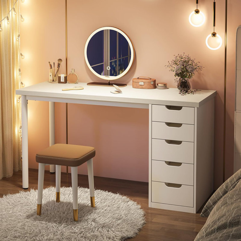 47 inches Vanity Desk with 5 Drawers, White