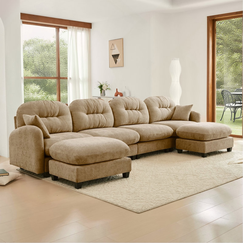 Canapé modulaire en U modulaire avec repose-pieds, tissu chenille doux, conception plissée matelassée, conception ergonomique en mousse haute densité, accoudoirs élégants, facile à installer dans les salons, chameau