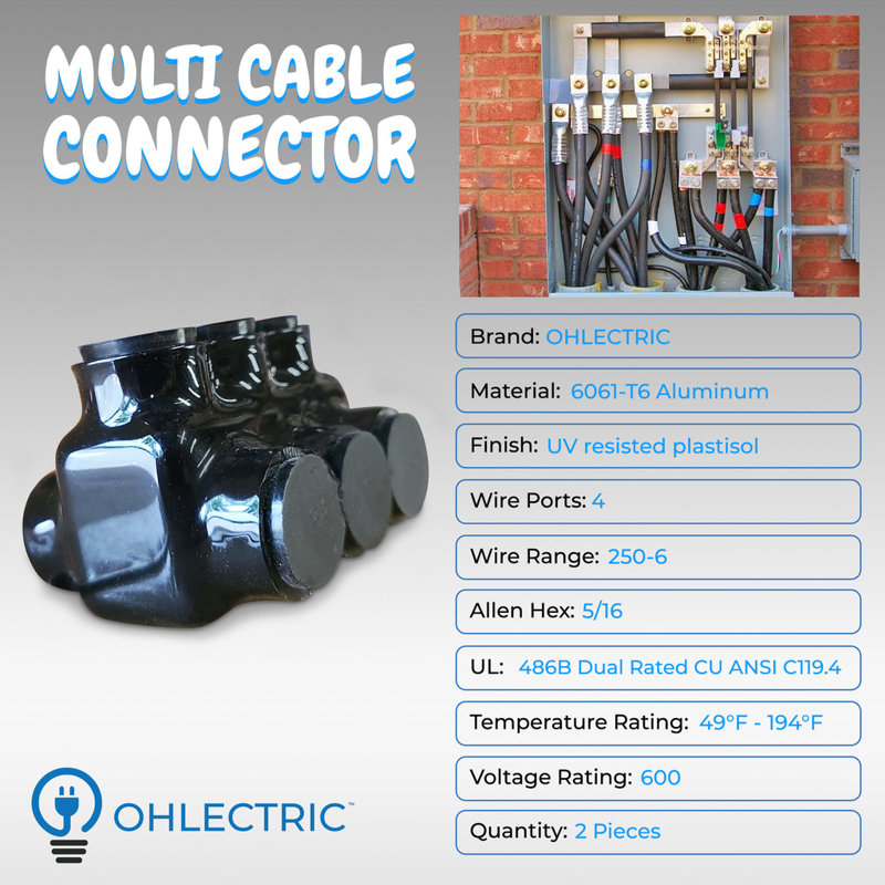 Black Insulated Multi-Cable Connector, 250-6 Wire Range, Dual Side Entry - 8 Port