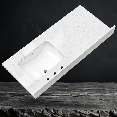 Lavabo de salle de bain simple 48 po x l 22 po en pierre reconstituée blanche avec comptoir simple Carrara Trou de robinet espacé et 4 po Dosseret H