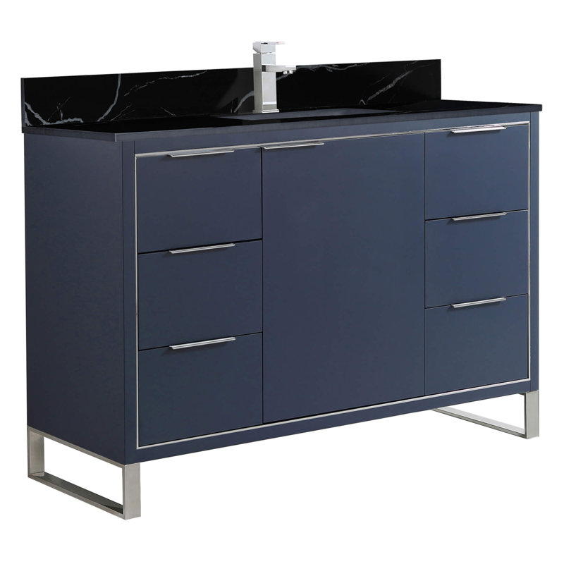 Gerzon 48'' Single Bathroom Vanity with Stone Top, Chrome, Navy Blue