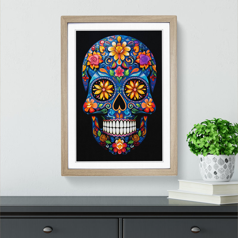 XYZ-FRM-V1223-1595 Sugar Skull Orphism - Single Picture Frame Print on Wood, 64cm H x 46cm W x 2cm D, Oak