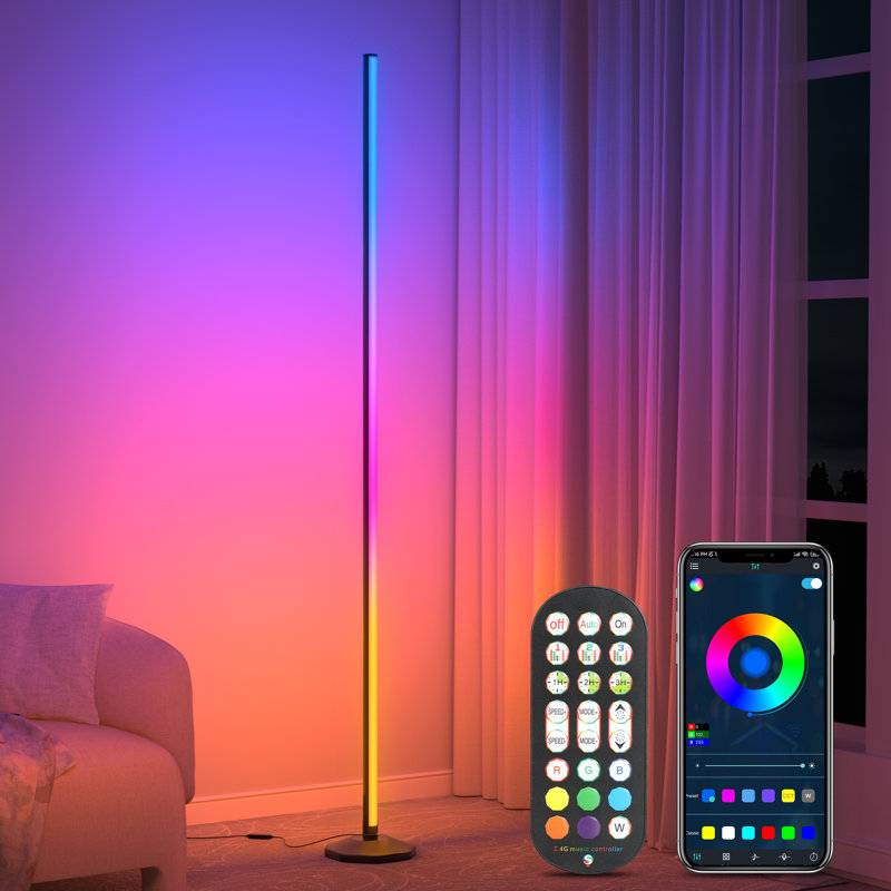 Lampe sur pied 65 po à intensité variable RVB Eskel avec télécommande et contrôle APP, Noir / mauve / bleu