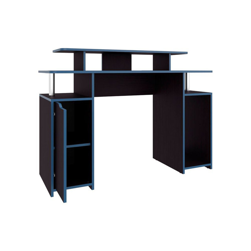 Bureau de jeu, 1 porte, 6 tablettes, bord noir / bleu