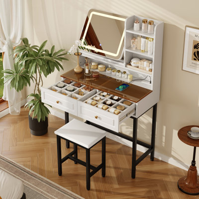 LED Lighted Makeup Vanity With 360° Rotatable Mirror, 2 Drawers, Power Outlets, And 3-Tier Shelves, Amber Glass Top, Metal Legs, White